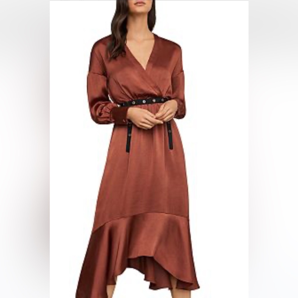 Bcbg women brown satin dress with black and metal belt